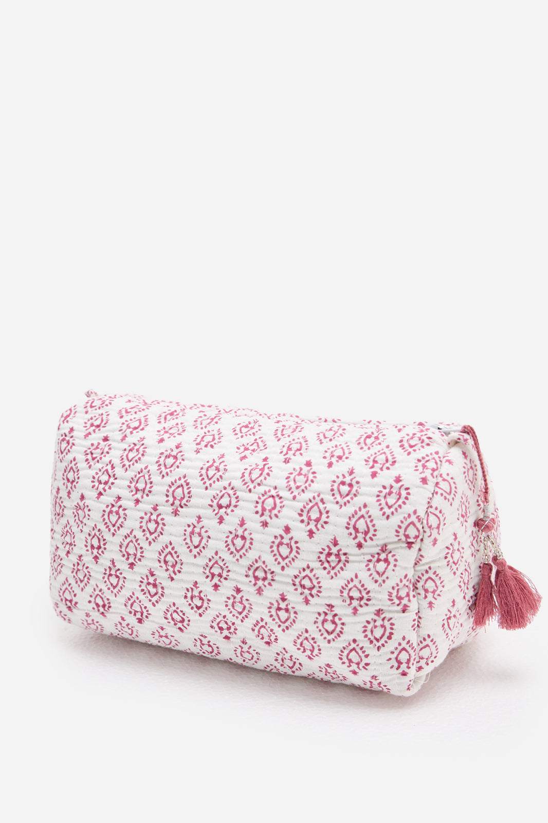 Cotton Quilted Cosmetic Pouch with Pink Block Print Motif & Travel Storage | Roselune Echo