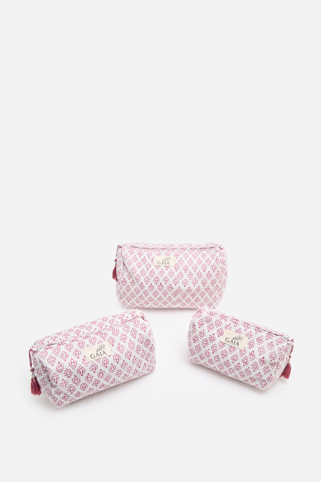 Cotton Quilted Cosmetic Pouch with Pink Block Print Motif & Travel Storage | Roselune Echo