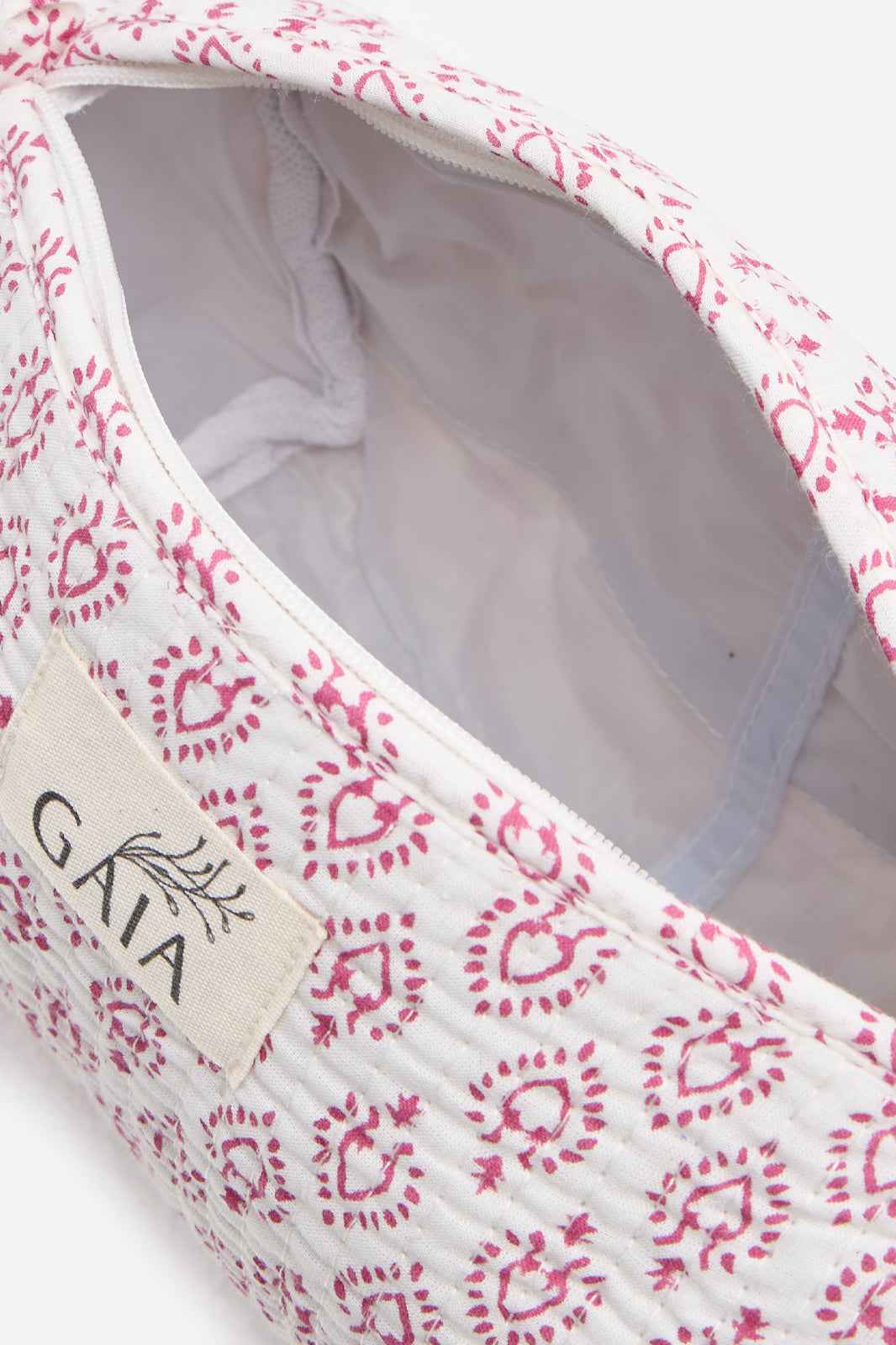 Cotton Quilted Cosmetic Pouch with Pink Block Print Motif & Travel Storage | Roselune Echo
