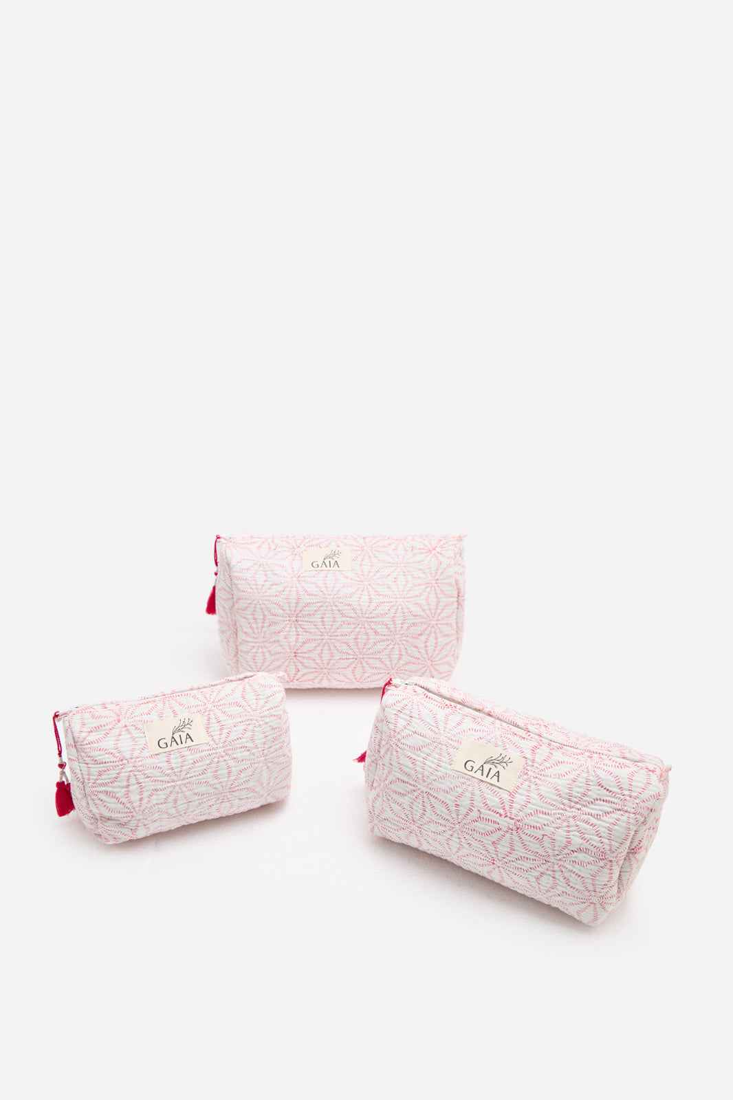 Cotton Quilted Cosmetic Pouch with Geometric Pink Embroidered Pattern & Travel Storage | Serapha Loop