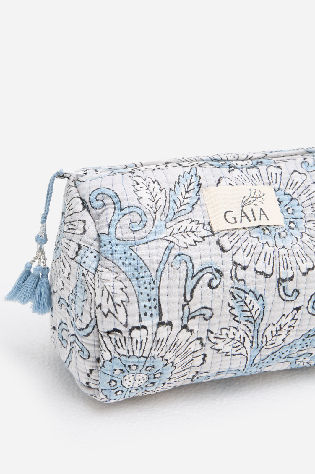 Cotton Floral Quilted Cosmetic Pouch with Blue Botanical Print & Travel Storage | Celestine Arbor