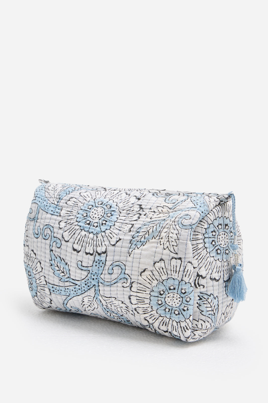 Cotton Floral Quilted Cosmetic Pouch with Blue Botanical Print & Travel Storage | Celestine Arbor