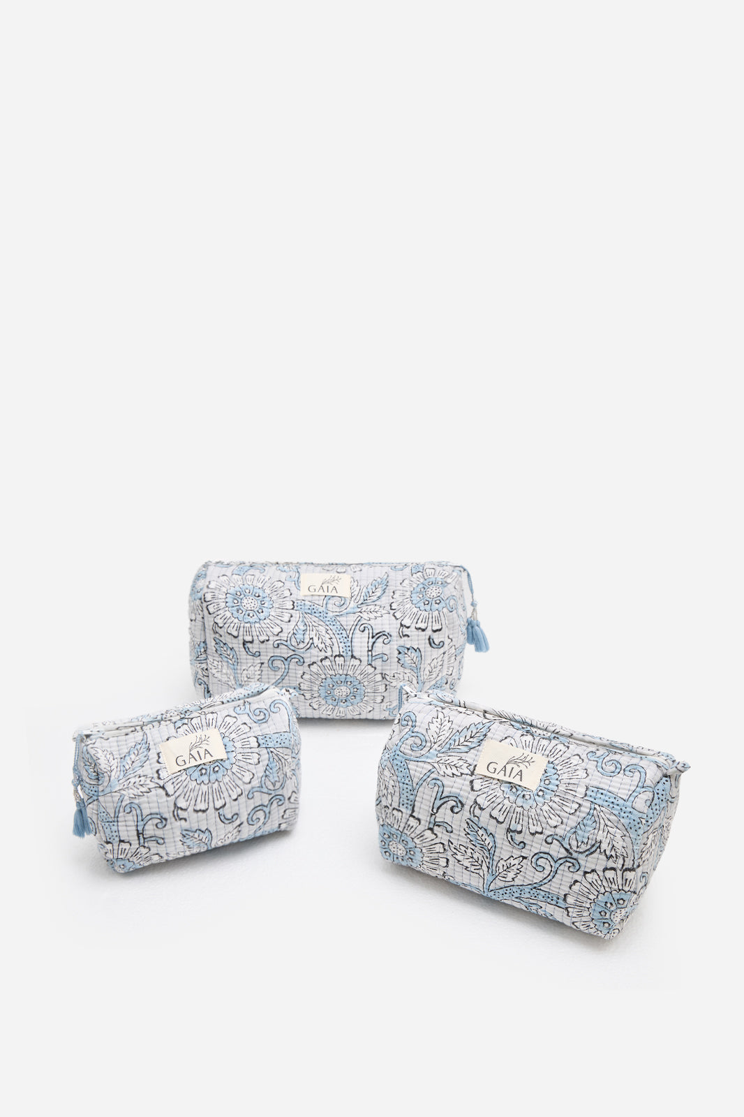 Cotton Floral Quilted Cosmetic Pouch with Blue Botanical Print & Travel Storage | Celestine Arbor