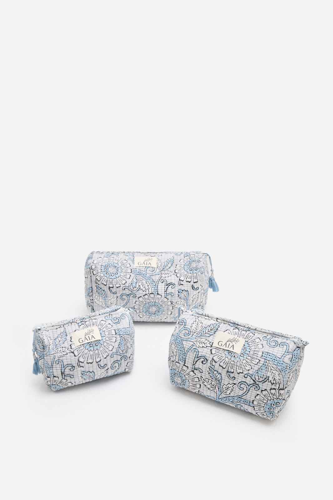Cotton Floral Quilted Cosmetic Pouch with Blue Botanical Print & Travel Storage | Celestine Arbor