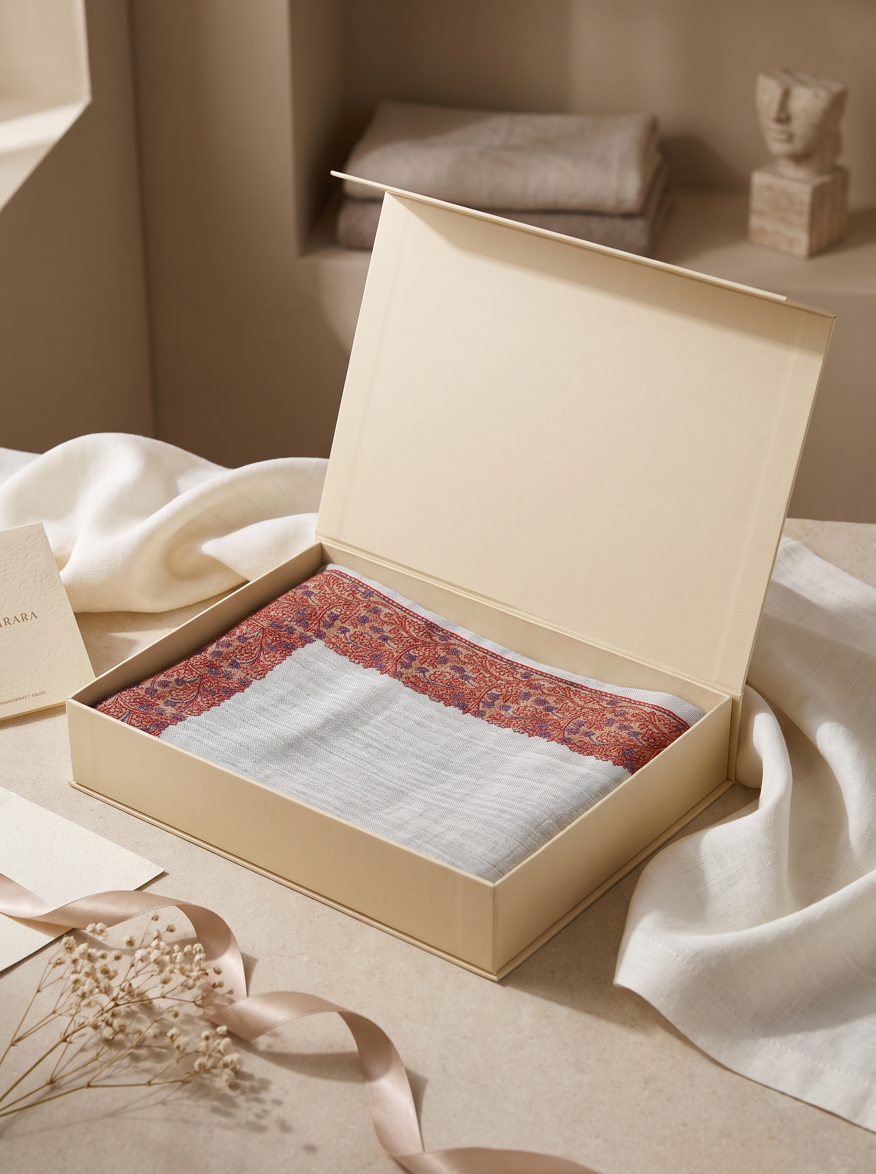 Light Grey Fine Wool Shawl with Floral Machine Embroidery & Traditional Border | Antheia