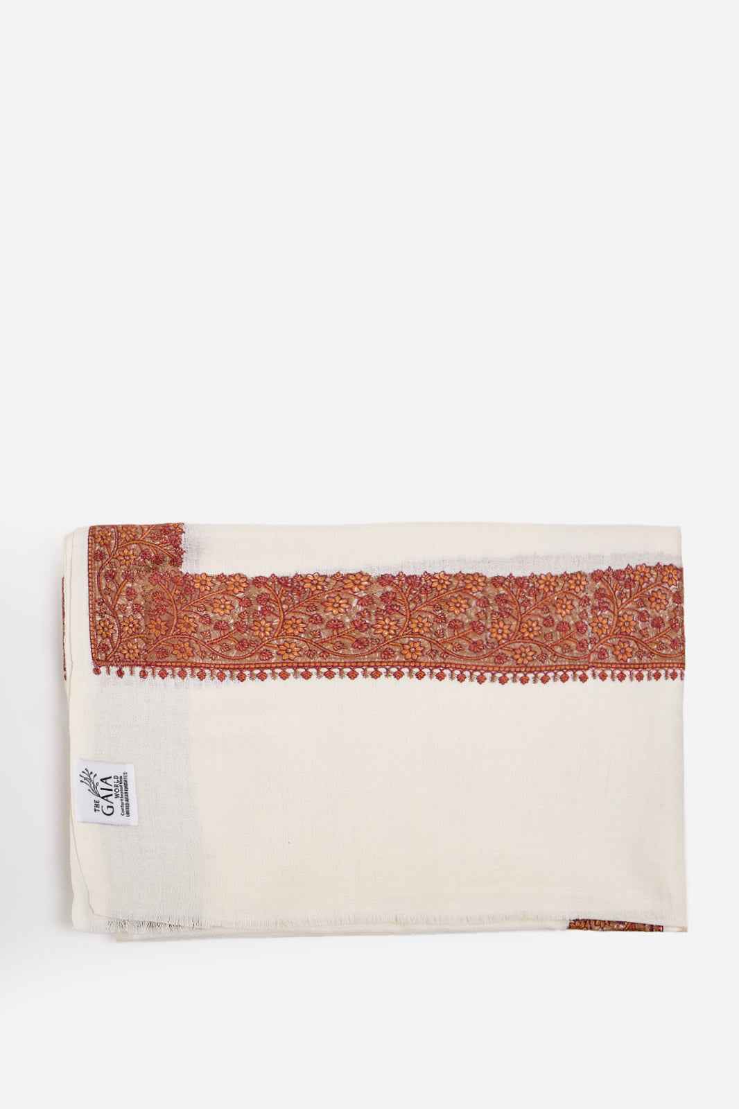 Cream Fine Wool Shawl with Floral Machine Embroidery & Traditional Border | Evadne