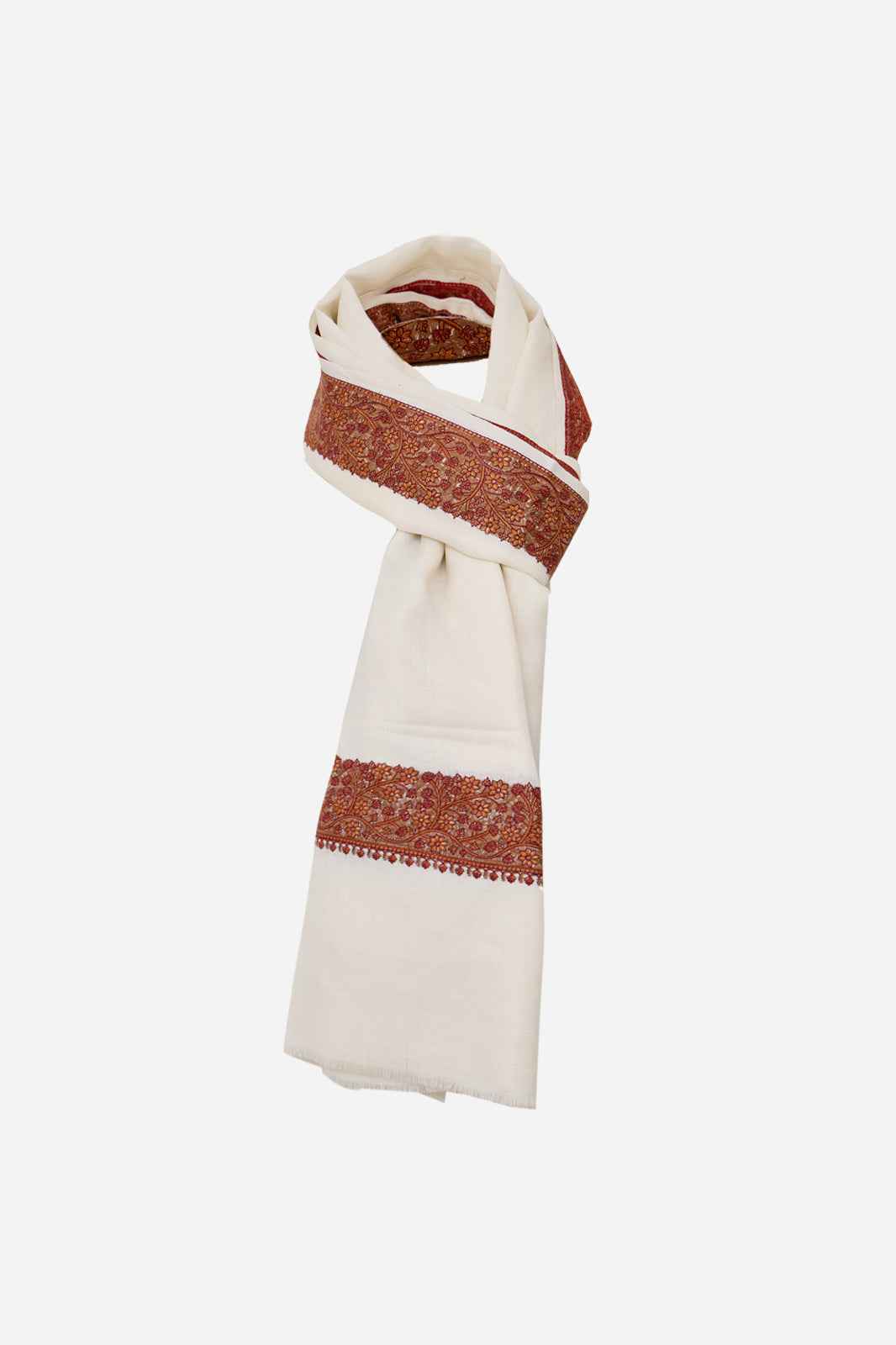 Cream Fine Wool Shawl with Floral Machine Embroidery & Traditional Border | Evadne