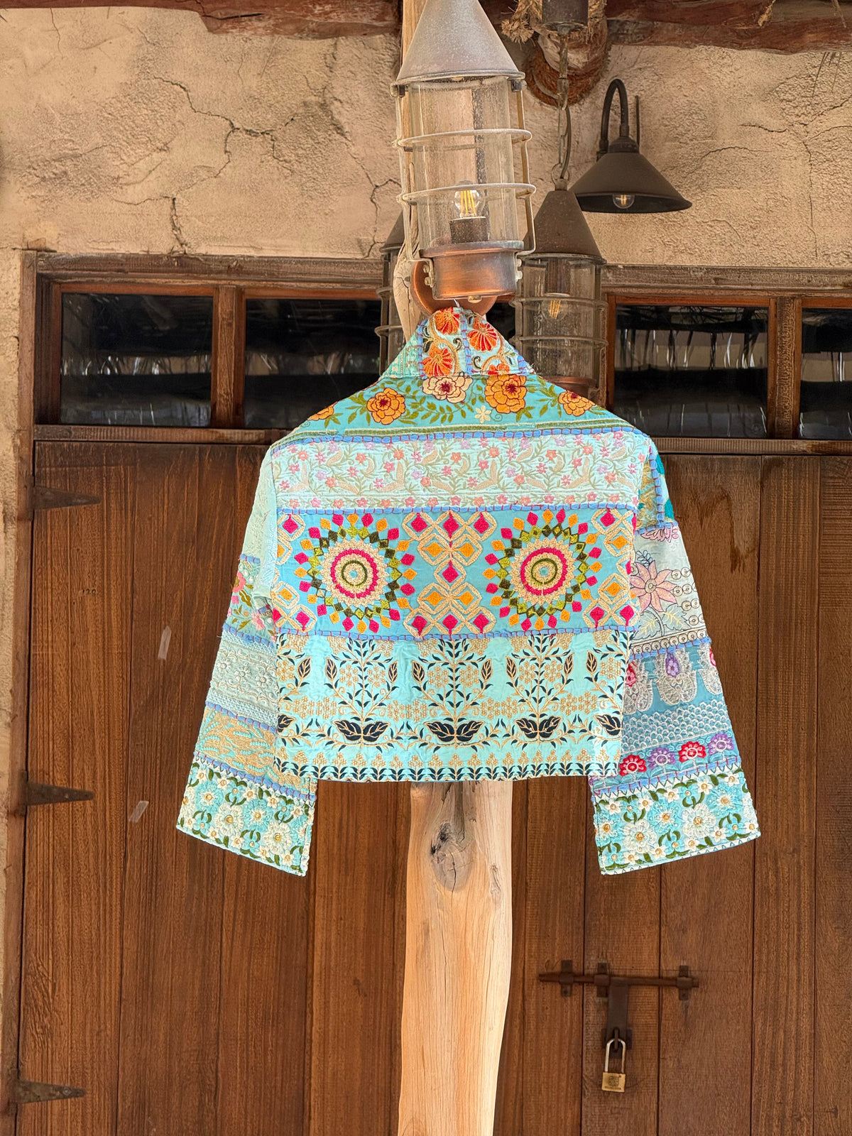 Handmade Blue Patchwork Embroidered Jacket with Floral & Geometric Detailing | Elise