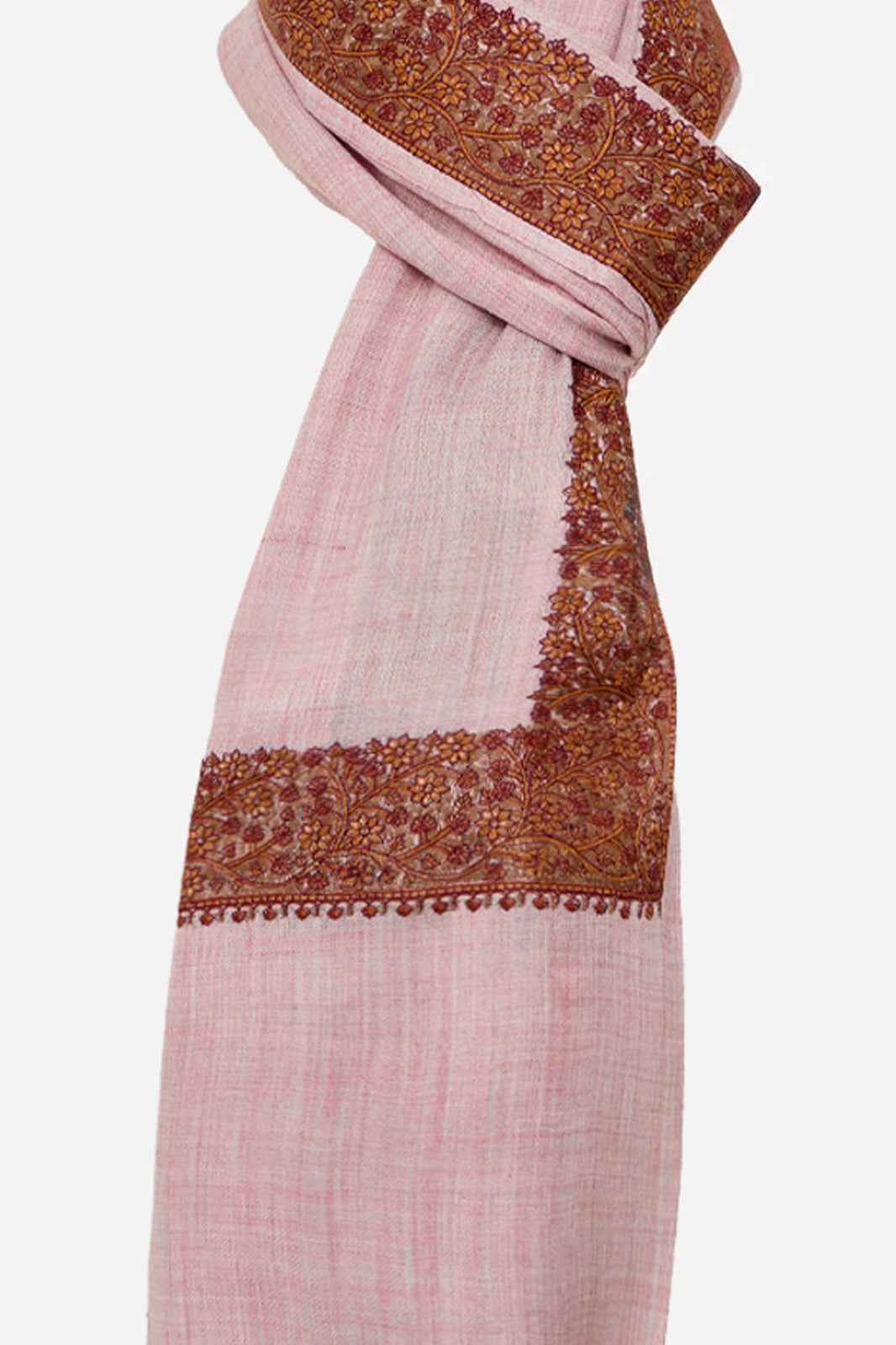 Pink Fine Wool Shawl with Floral Machine Embroidery & Traditional Border | Dione