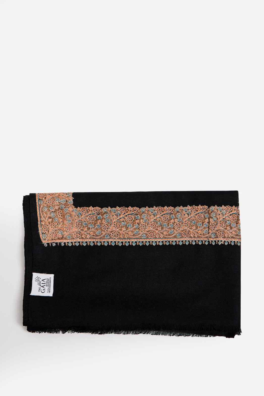 Black Fine Wool Shawl with Floral Machine Embroidery & Traditional Border | Asteria