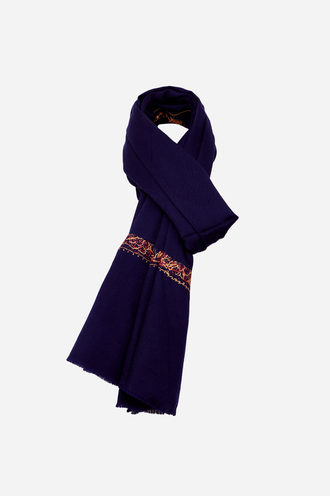 Navy Fine Wool Shawl with Traditional Machine Embroidery & Heritage Elegance | Melantho