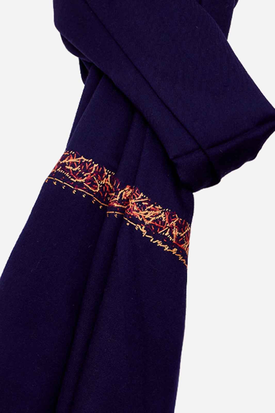 Navy Fine Wool Shawl with Traditional Machine Embroidery & Heritage Elegance | Melantho
