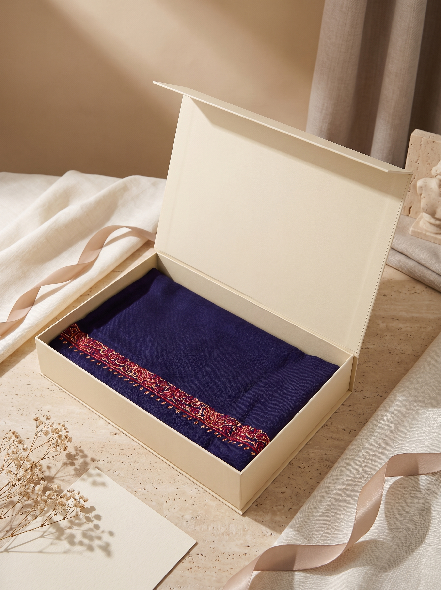 Navy Fine Wool Shawl with Traditional Machine Embroidery & Heritage Elegance | Melantho