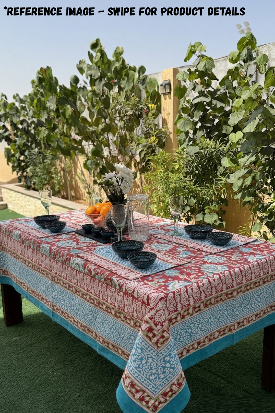 Floral Cotton Printed Tablecloth & 6 Napkin Set with Floral Border Design for 6 Seater Dining Tables | Azmera Tide