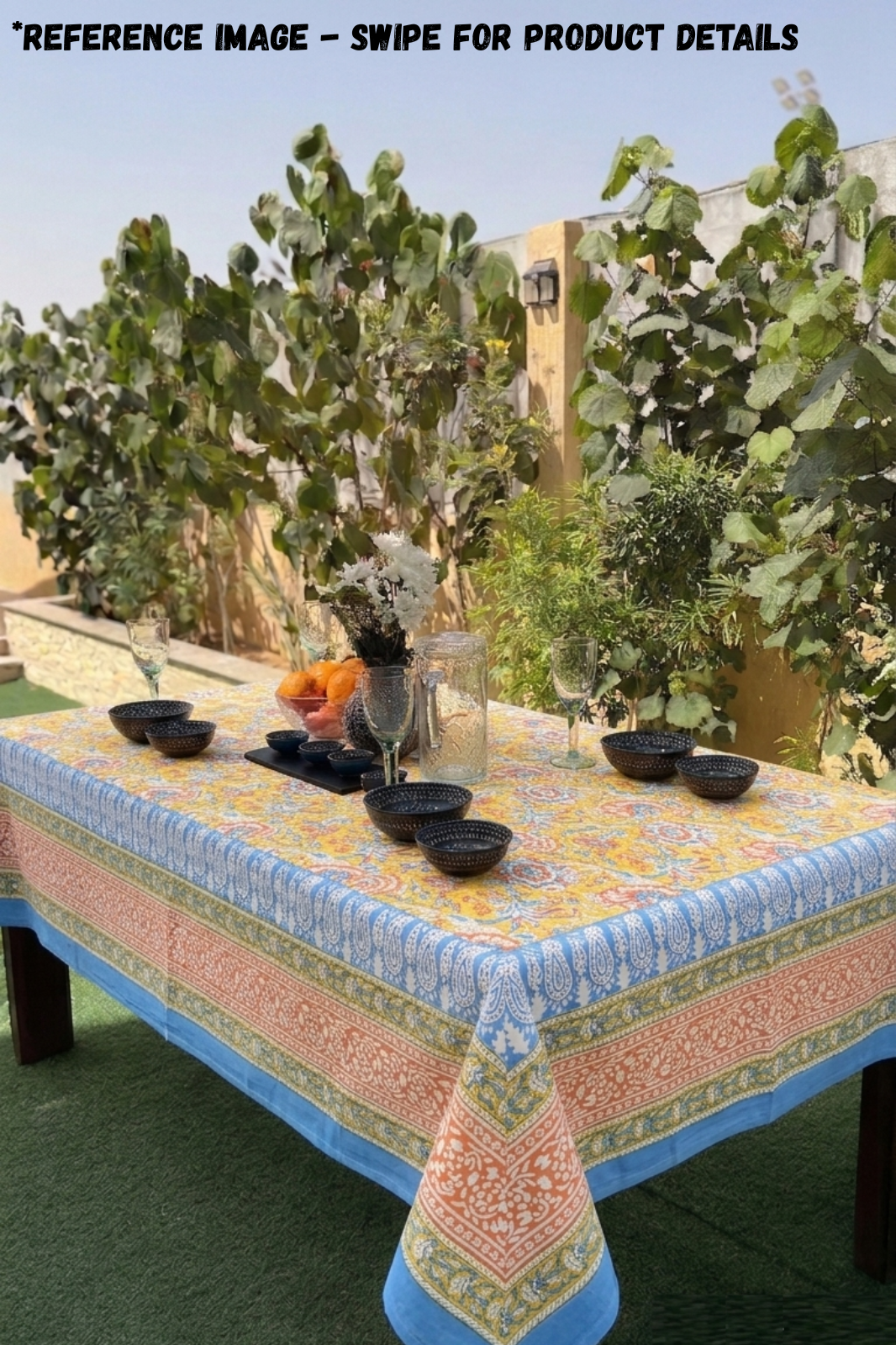 Yellow Cotton Printed Tablecloth with Floral Border Design for 6 Seater Dining Tables | Sorella Meadow