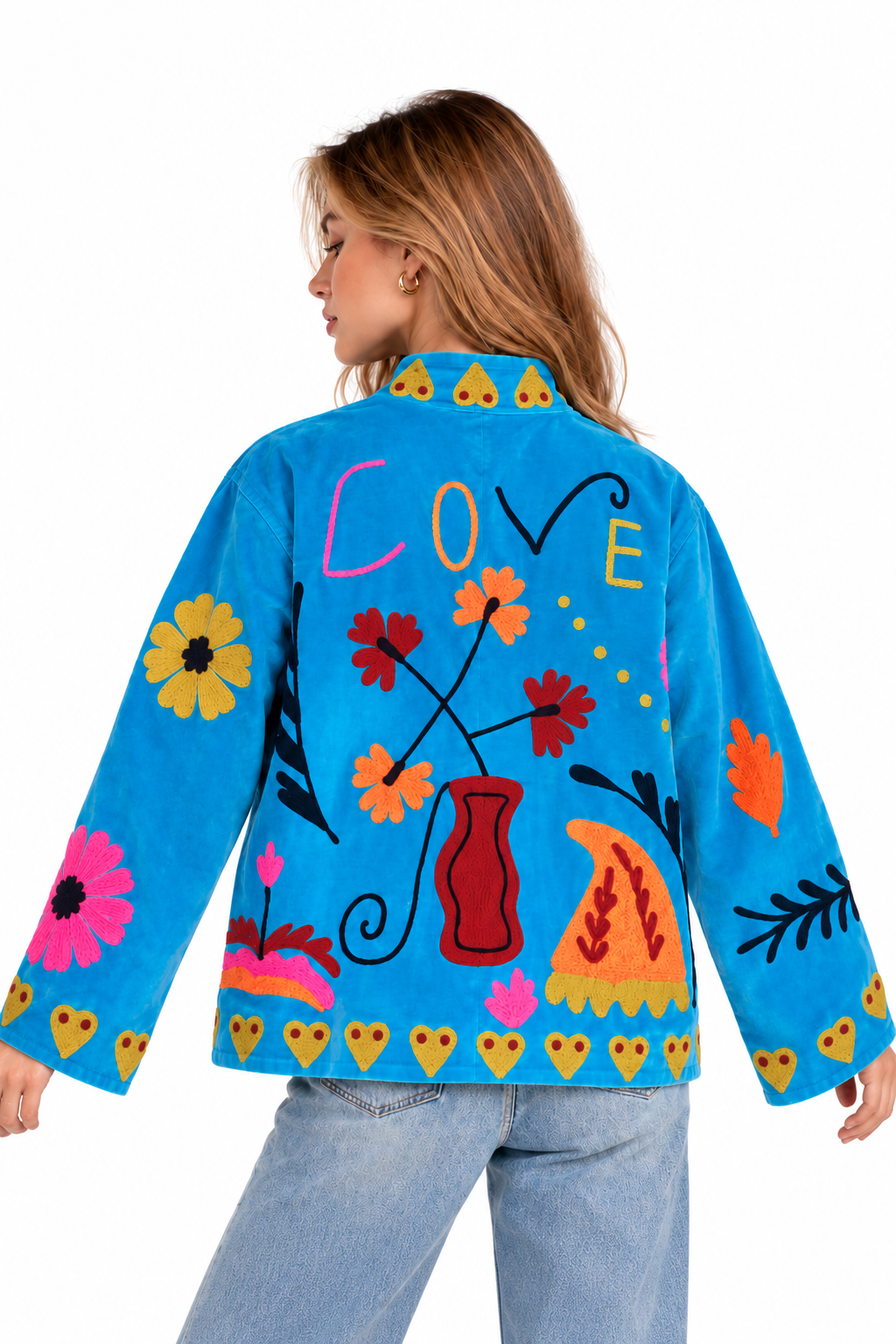 Turquoise Velvet Jacket with Colourful Floral & Heart Embroidery | Zarra