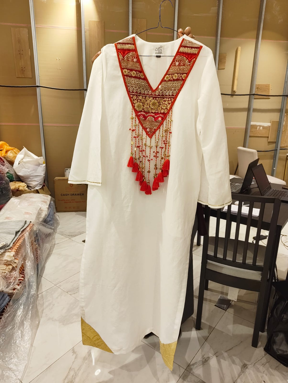 White Pure Linen Embroidered Kaftan with Red & Gold Tassel Detailing | Bellavienne