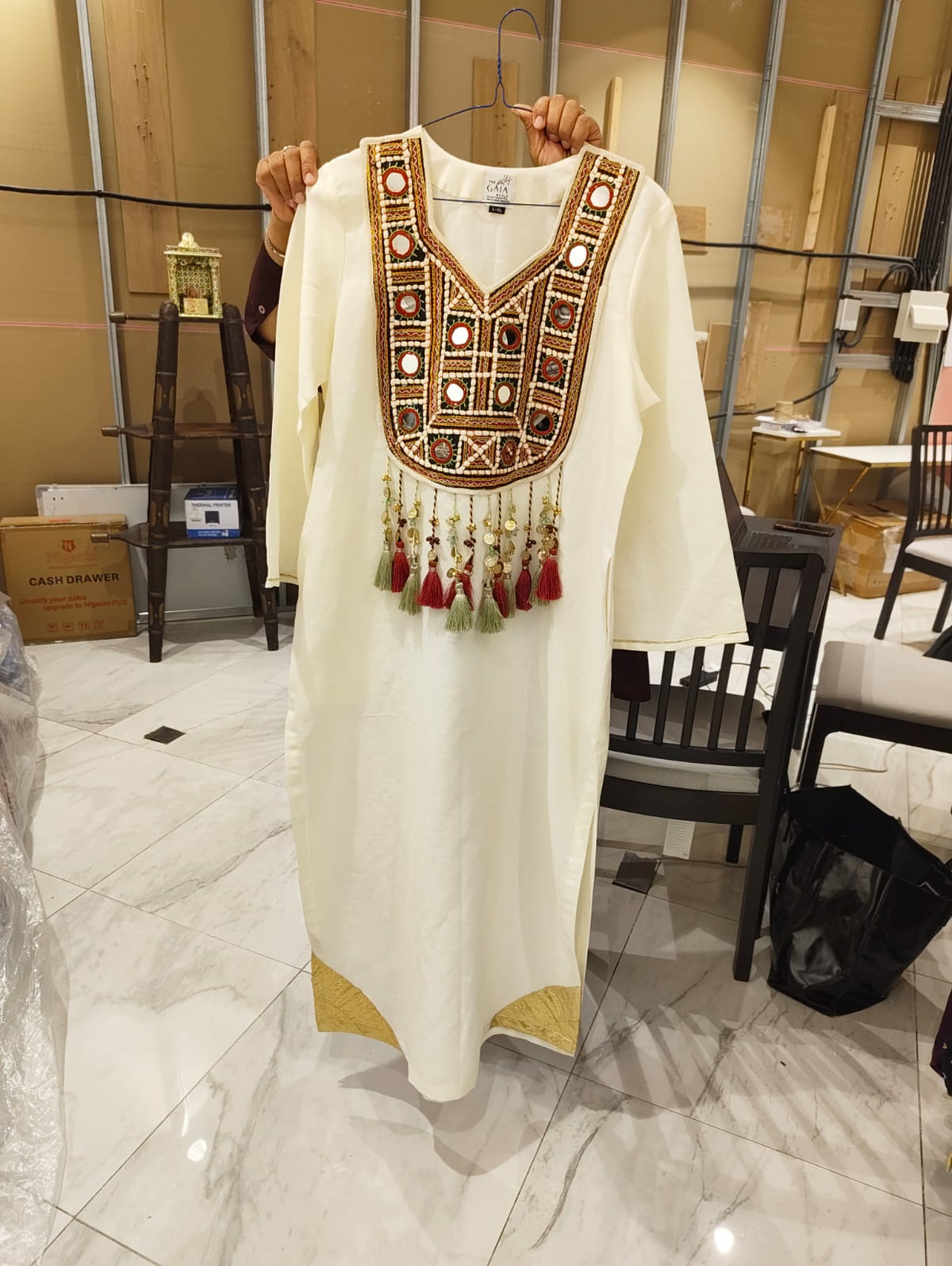Beige Cotton-Linen Embroidered Kaftan with Mirror Detailing & Multicolour Tassels | Ottilie