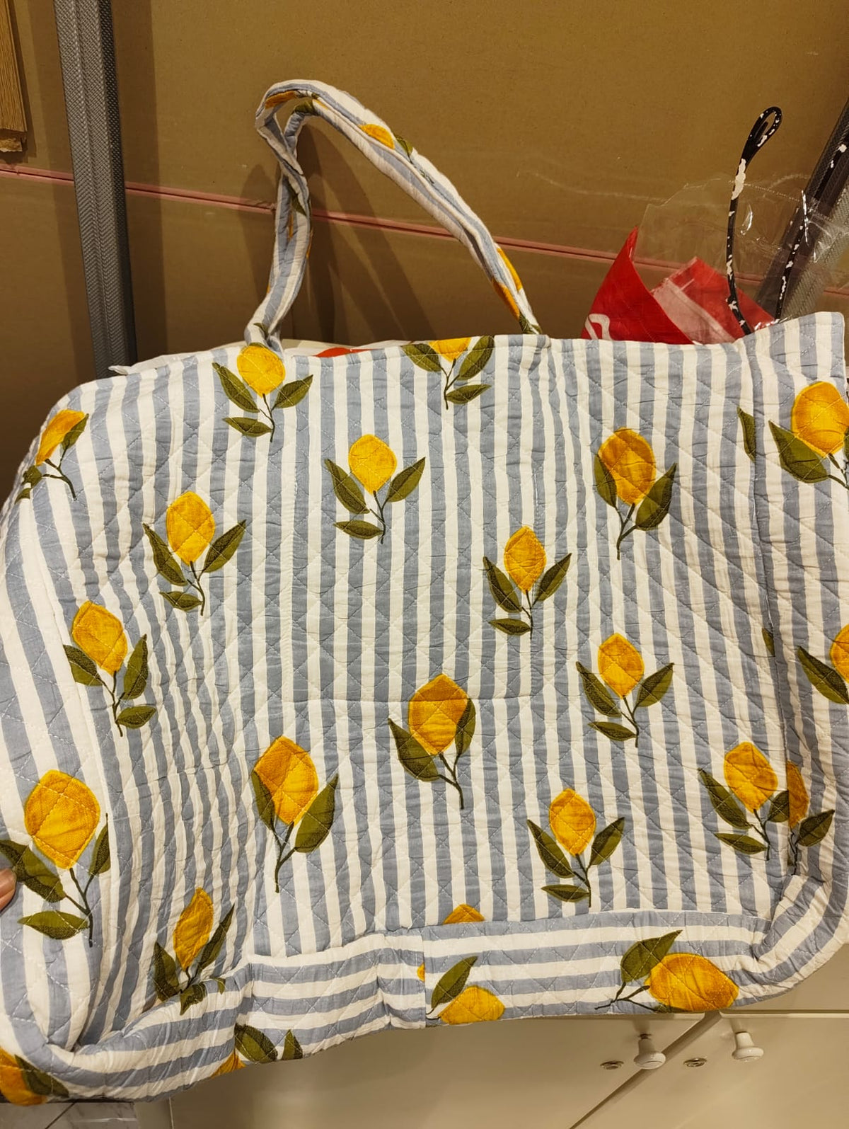 Blue & White Striped Cotton Tote Bag with Yellow Lemon Print | Limonette