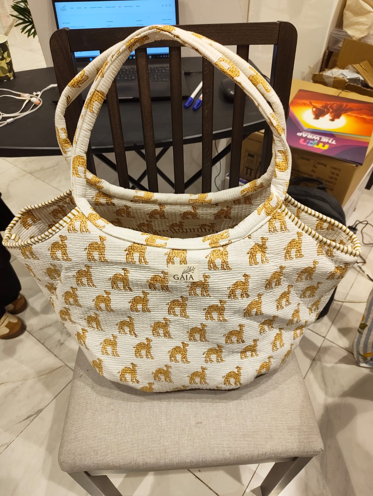 Cream & Gold Elephant Print Cotton Bucket Tote Bag with Spacious Interior | Amelisse