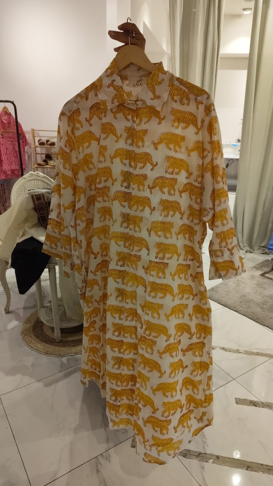 Cream Cotton Shirt Dress with Mustard Yellow Tiger Print | Tigrelle