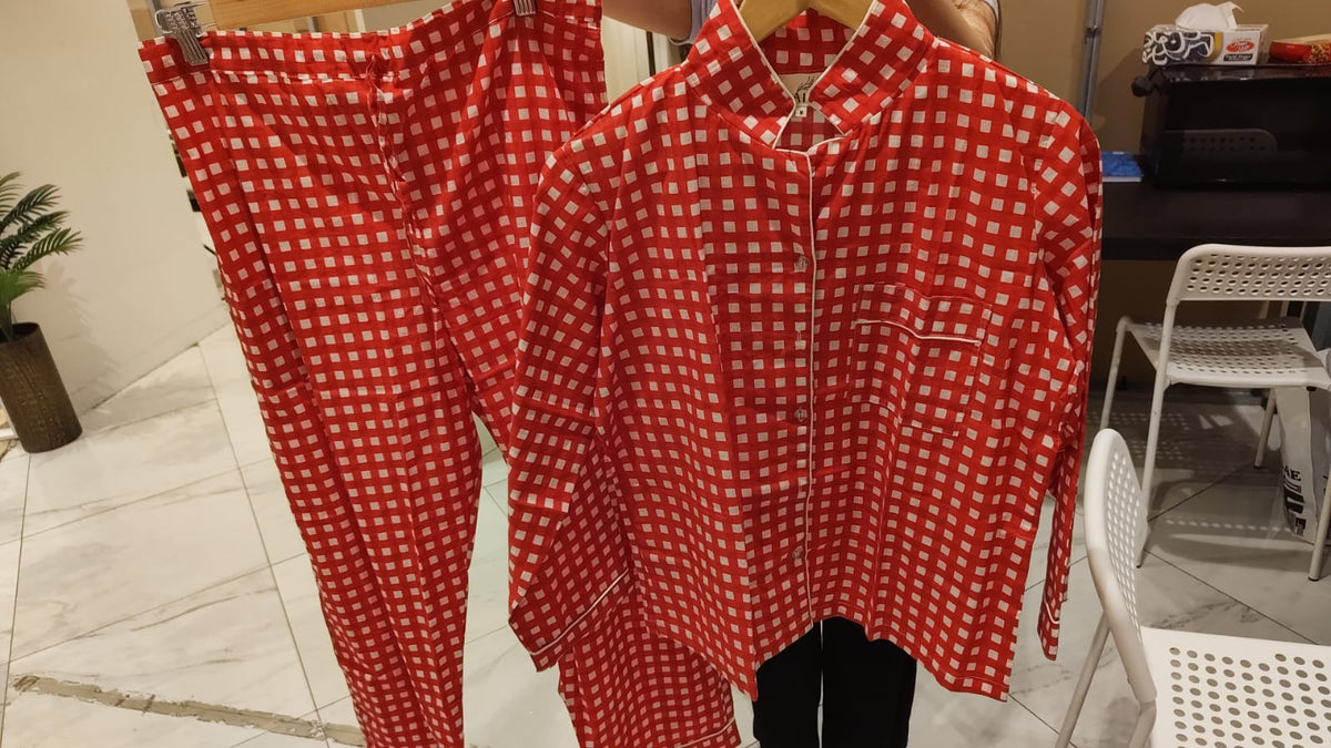 Red Cotton Checkered Night Suit Set with Button-Down Top & Straight-Fit Trousers | Haneen