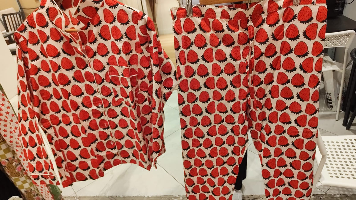 White Cotton Red Strawberry Print Night Suit Set with Button-Down Top & Straight-Fit Trousers | Farah