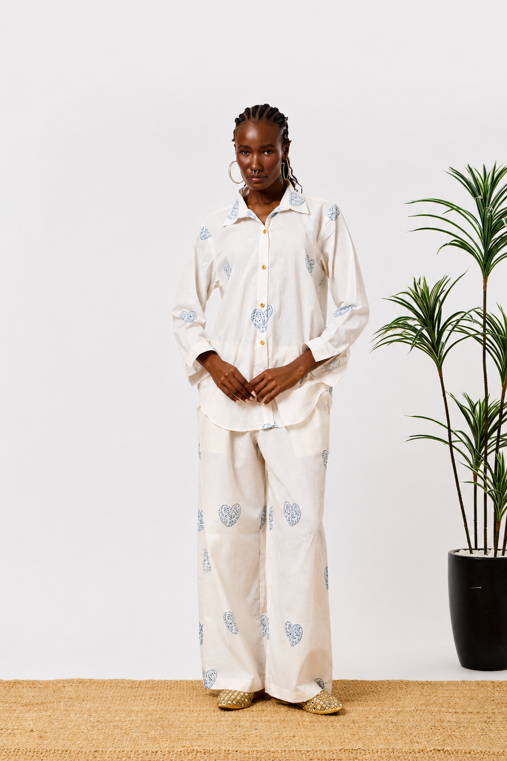 Pure Cotton White Heart Print Co-ord Set for Women | Ruqayya