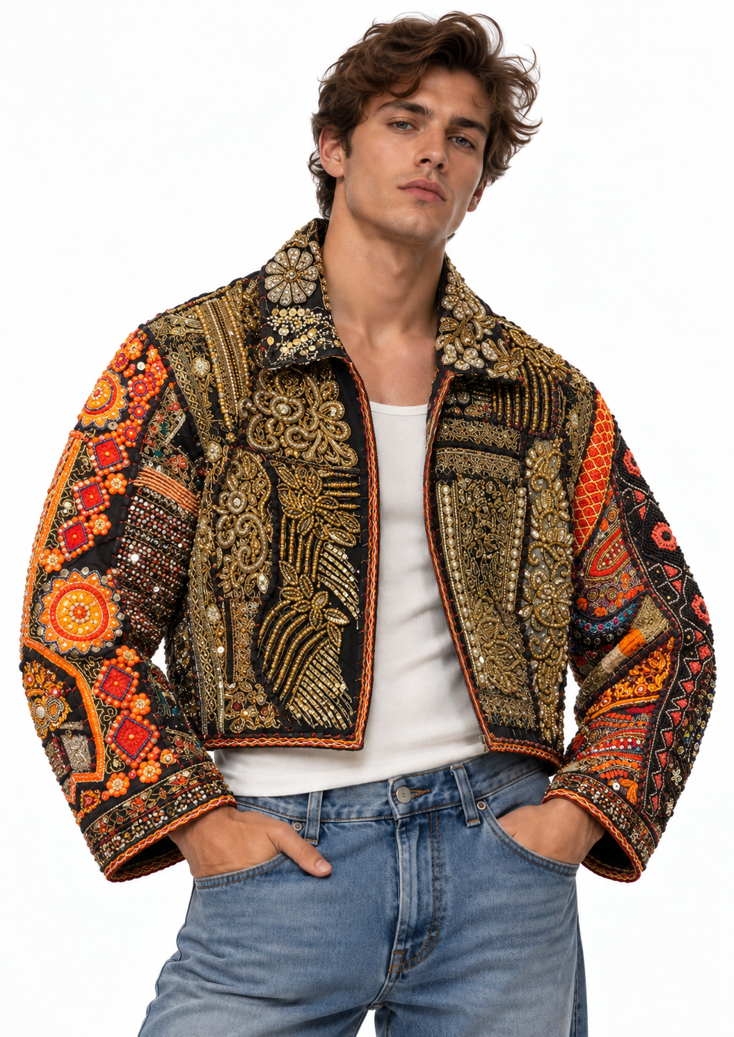 Handmade Black Embroidered Jacket with Gold & Orange Beaded Detailing | Matteo
