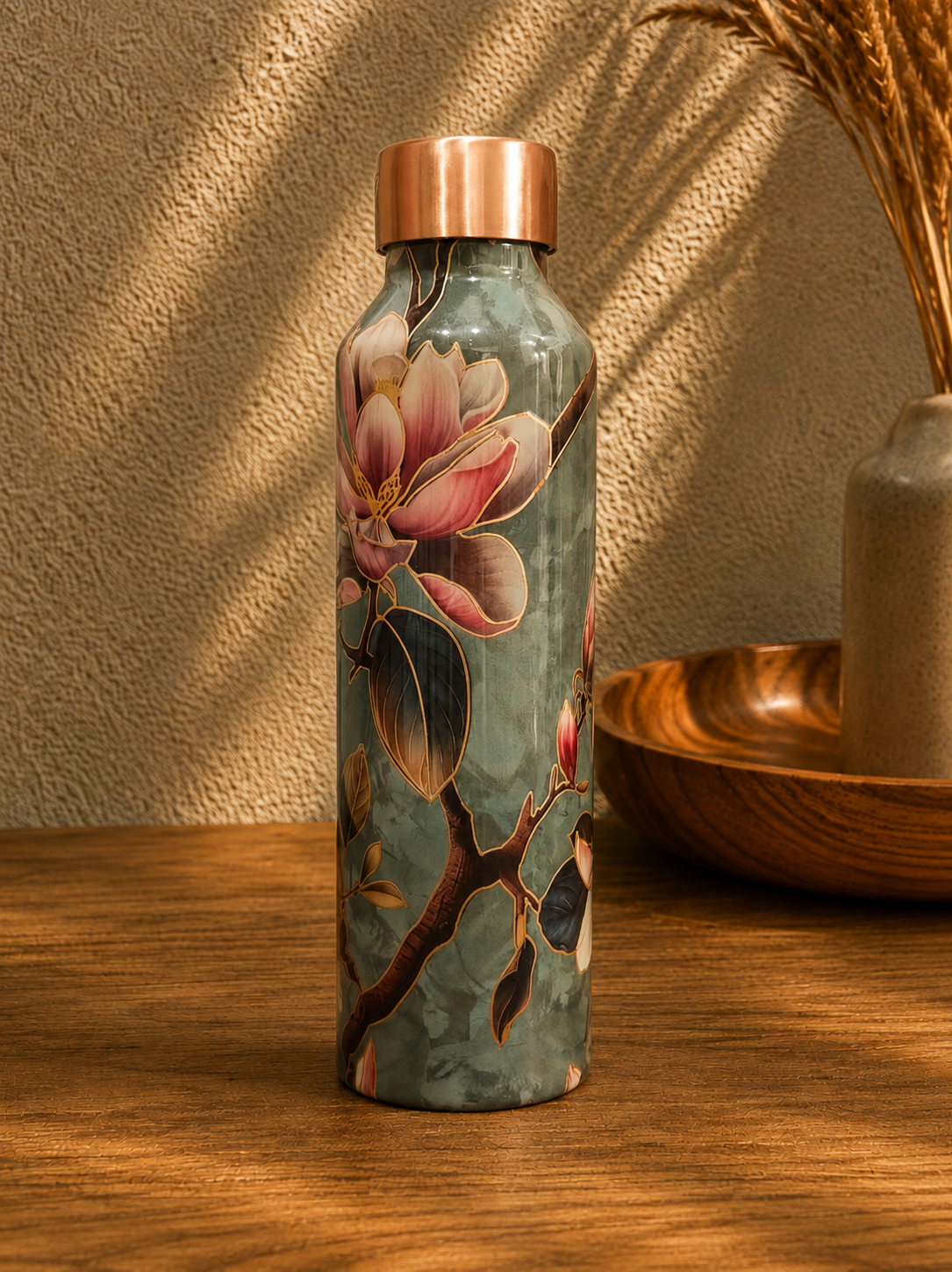 Copper Water Bottle with Elegant Floral & Botanical Print – Zahra