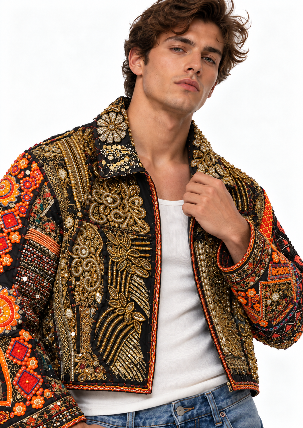 Handmade Black Embroidered Jacket with Gold & Orange Beaded Detailing | Matteo