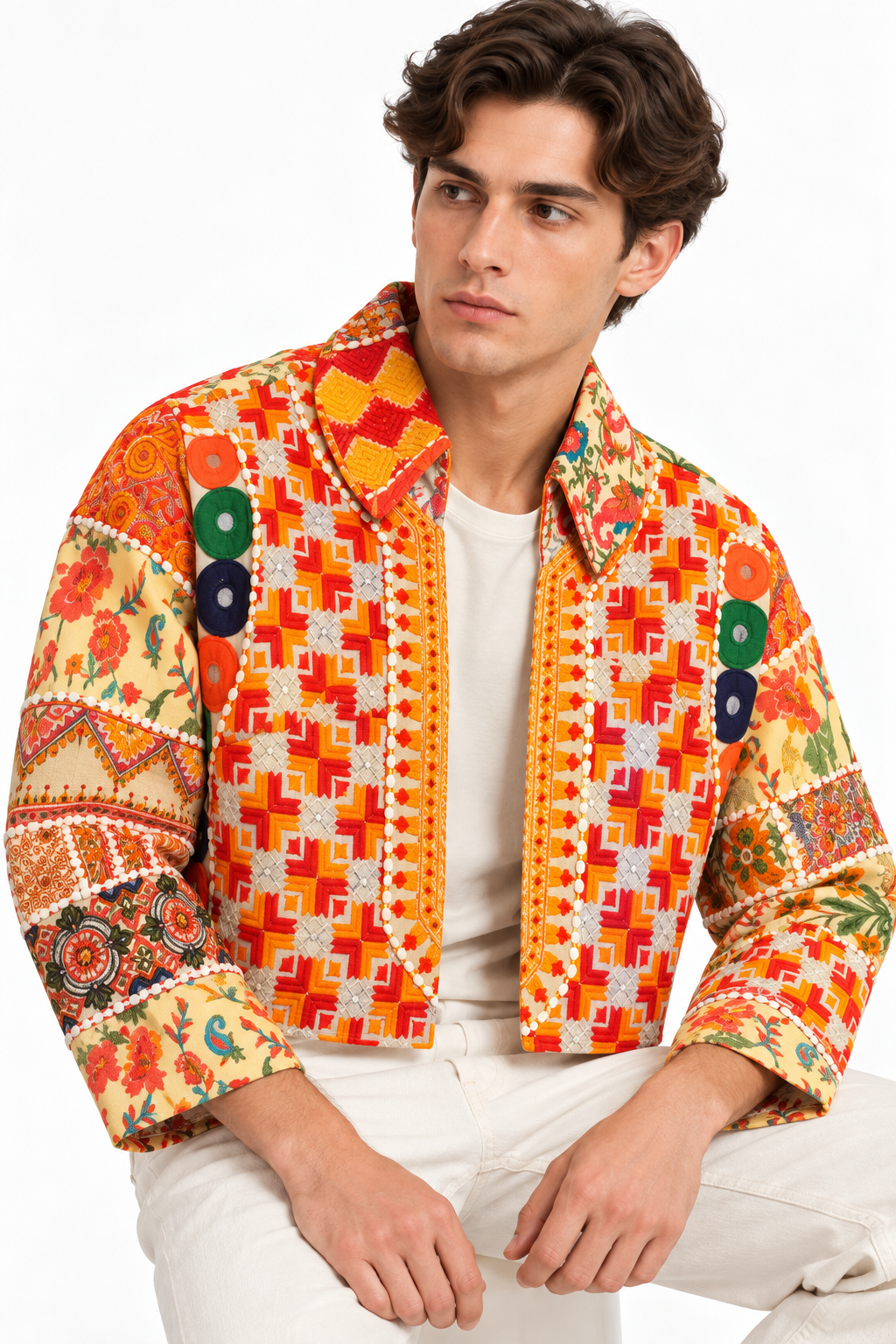 Handmade Multicoloured Embroidered Jacket with Floral & Geometric Detailing | Rawan