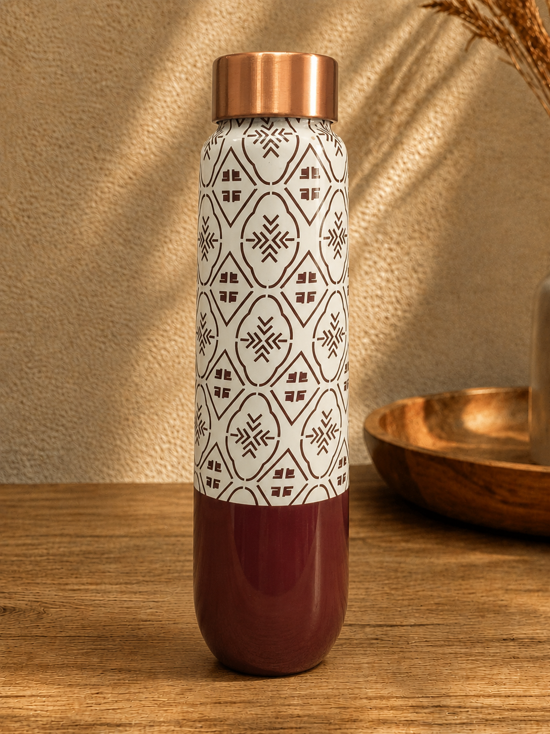 Pure Copper Water Bottle with Geometric Ethnic Pattern Design – Noura