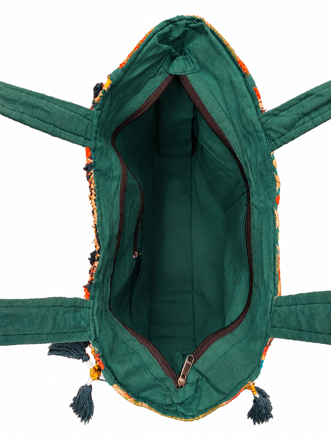 Handmade Embroidered Green & Gold Bohemian Tote Bag with Tassels & Beaded Detailing | Amelie
