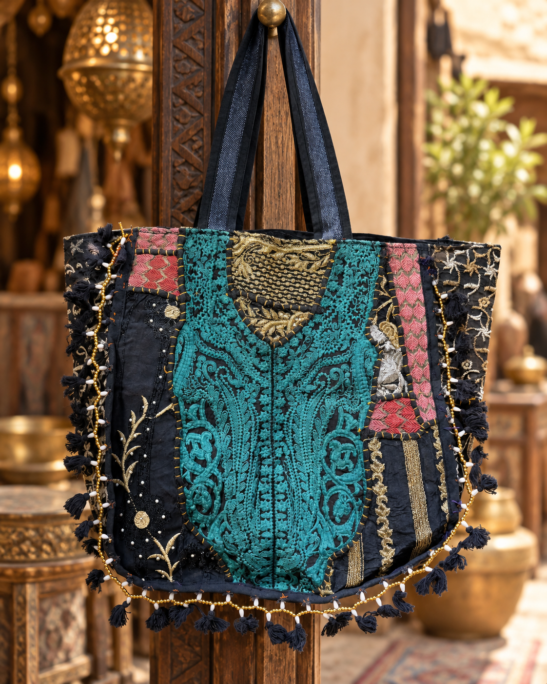 Handmade Embroidered Black & Gold Bohemian Tote Bag with Tassel & Beaded Detailing | Celeste