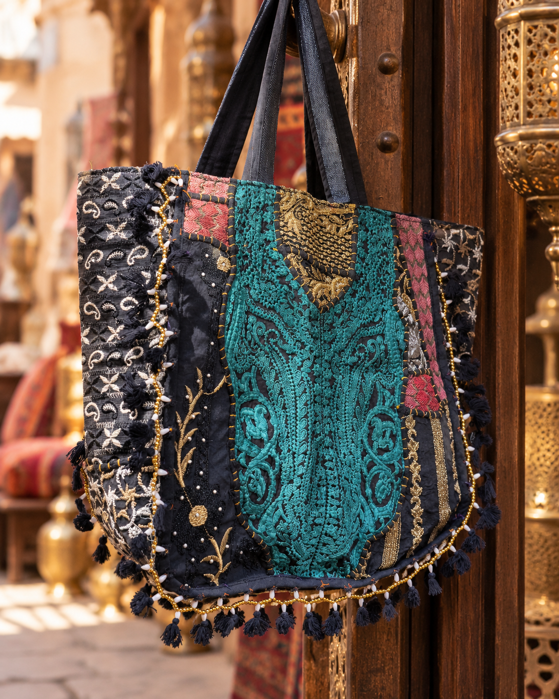 Handmade Embroidered Black & Gold Bohemian Tote Bag with Tassel & Beaded Detailing | Celeste