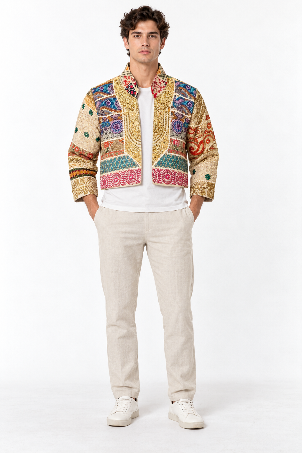 Handmade Cream Patchwork Embroidered Jacket with Multicoloured Detailing | Zaina