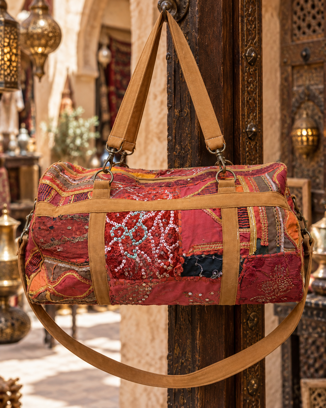 Handmade Embroidered Red & Burgundy Patchwork Duffle Bag with Sequin Detailing | Valentina