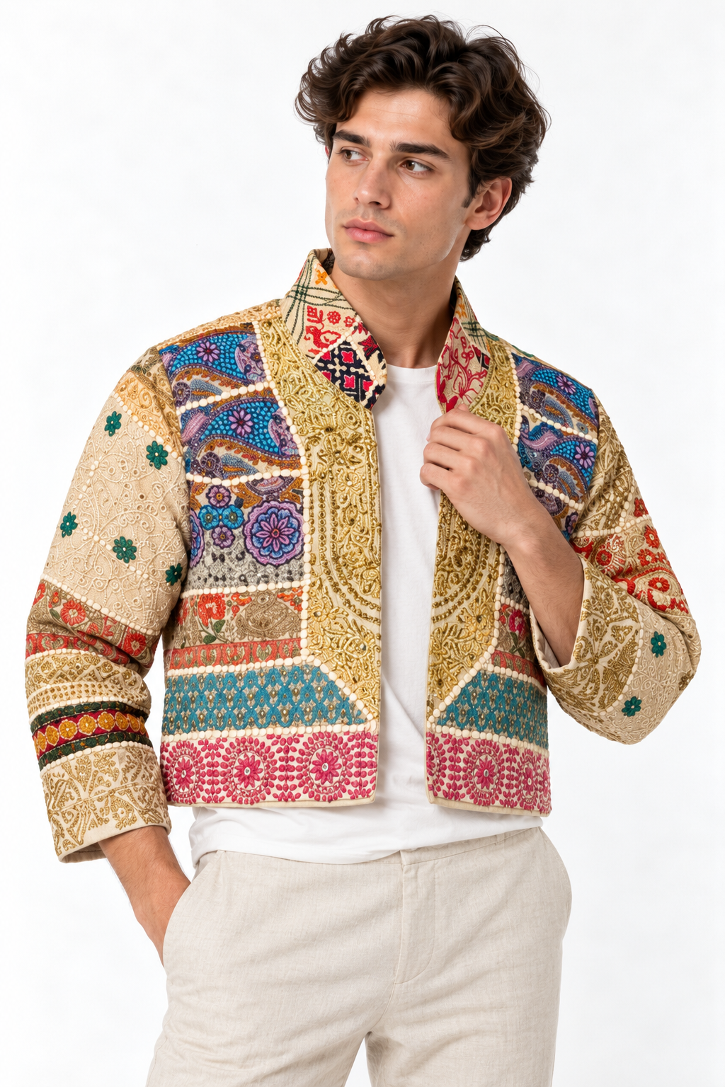 Handmade Cream Patchwork Embroidered Jacket with Multicoloured Detailing | Zaina