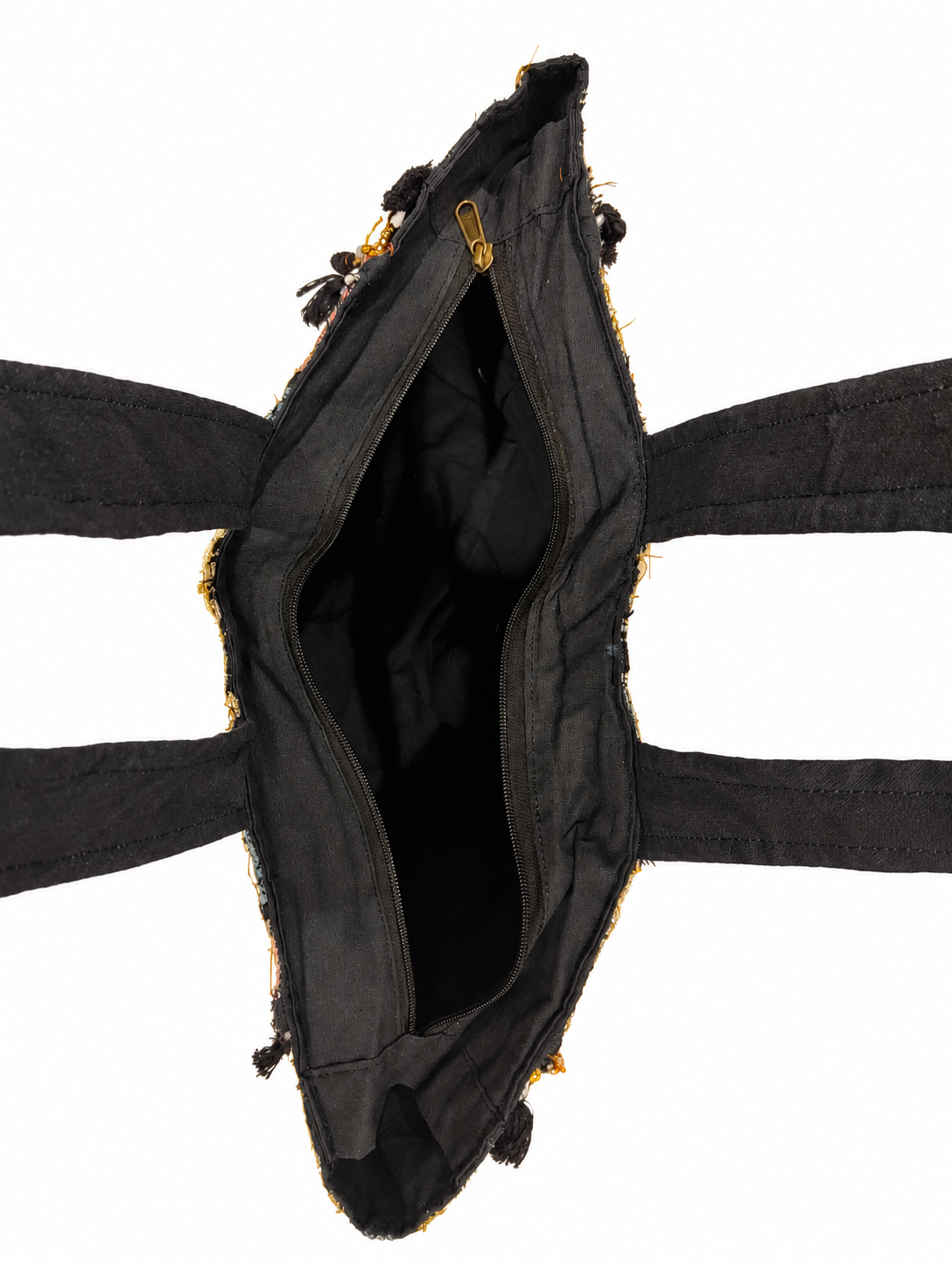 Handmade Embroidered Black & Gold Bohemian Tote Bag with Tassel & Beaded Detailing | Celeste