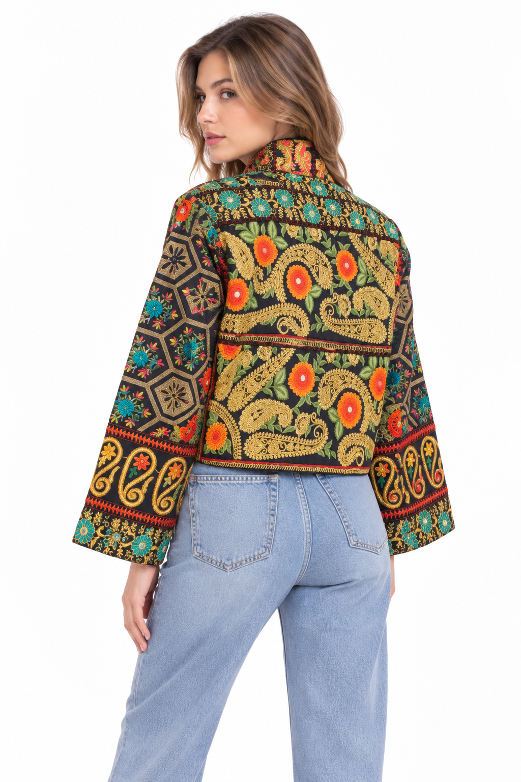 Handmade Black Embroidered Jacket with Gold Paisley & Floral Detailing | Samira