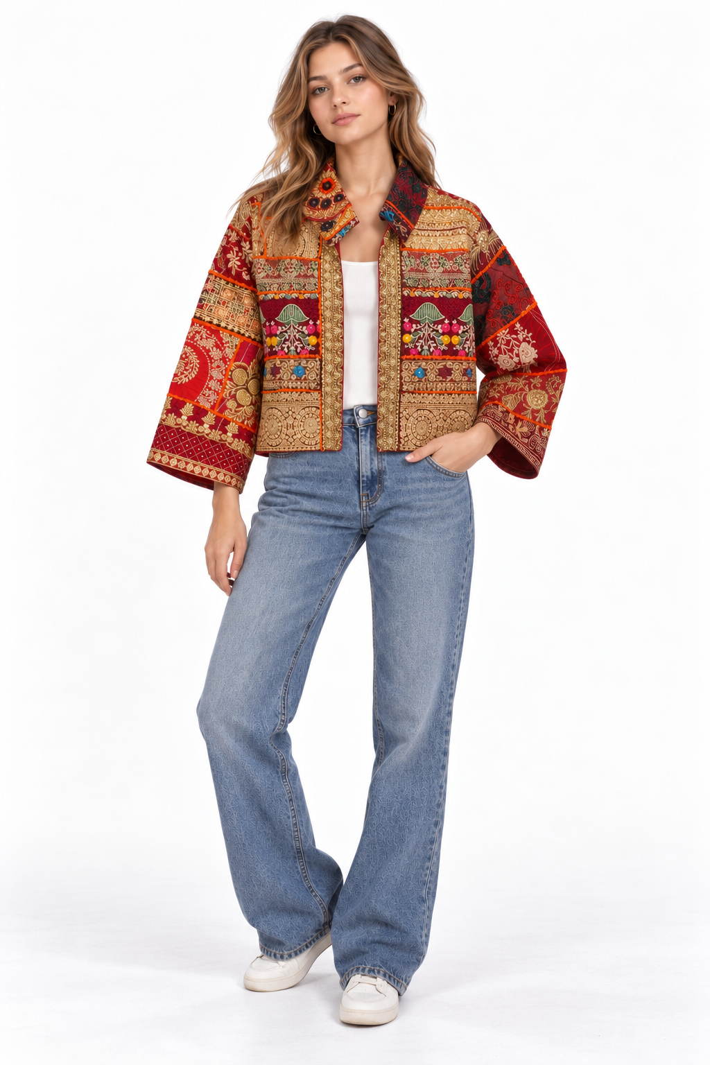Handmade Burgundy Embroidered Jacket with Gold & Multicoloured Detailing | Clara