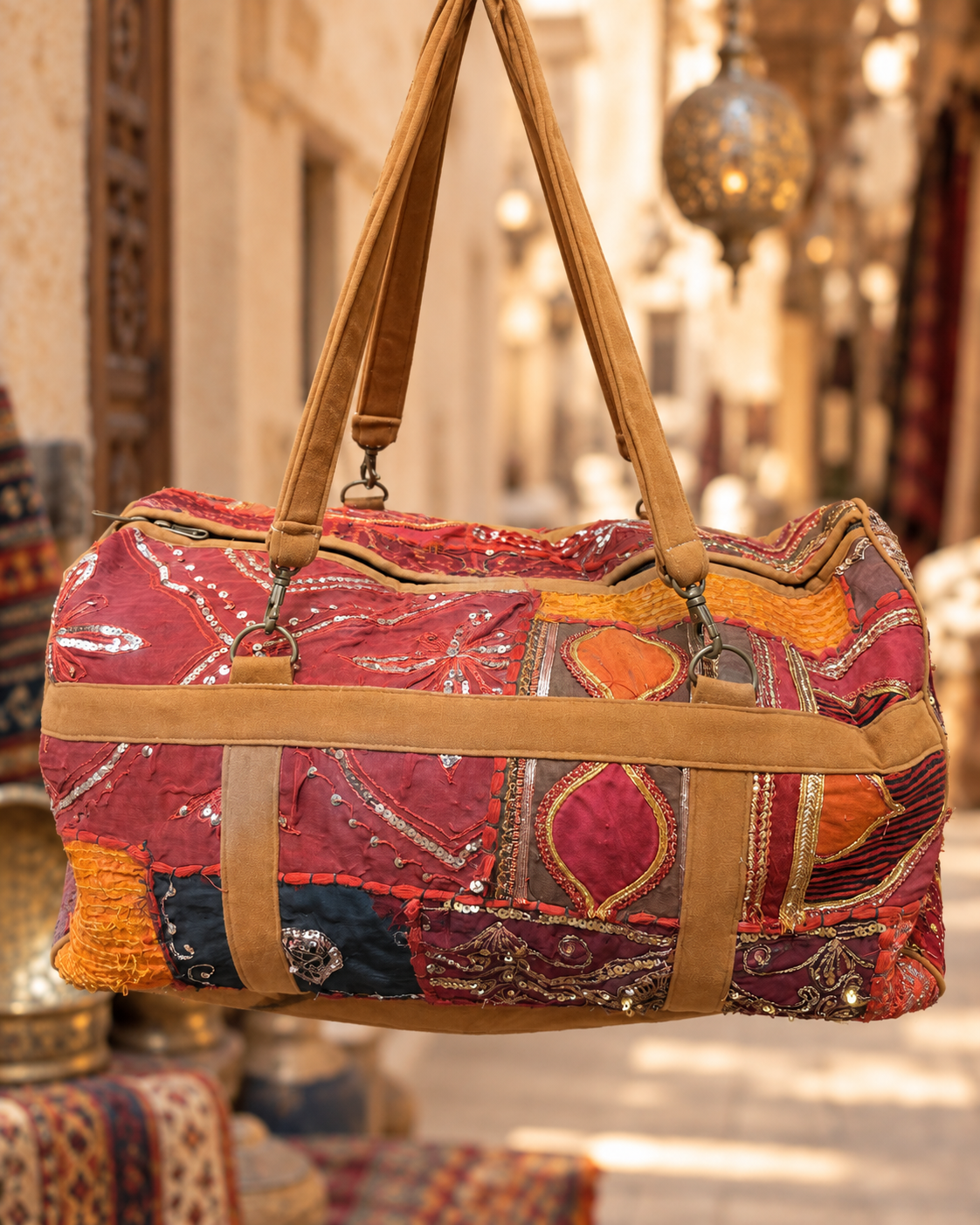 Handmade Embroidered Red & Burgundy Patchwork Duffle Bag with Sequin Detailing | Valentina