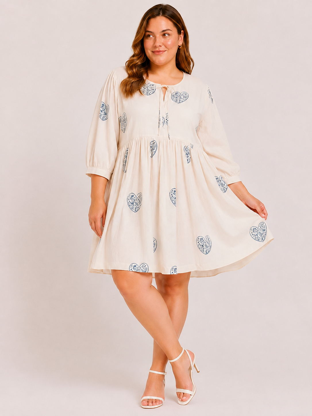 Cream Cotton Short Dress with Hand Block Blue Heart Motif & Relaxed Everyday Elegance | Qalbia