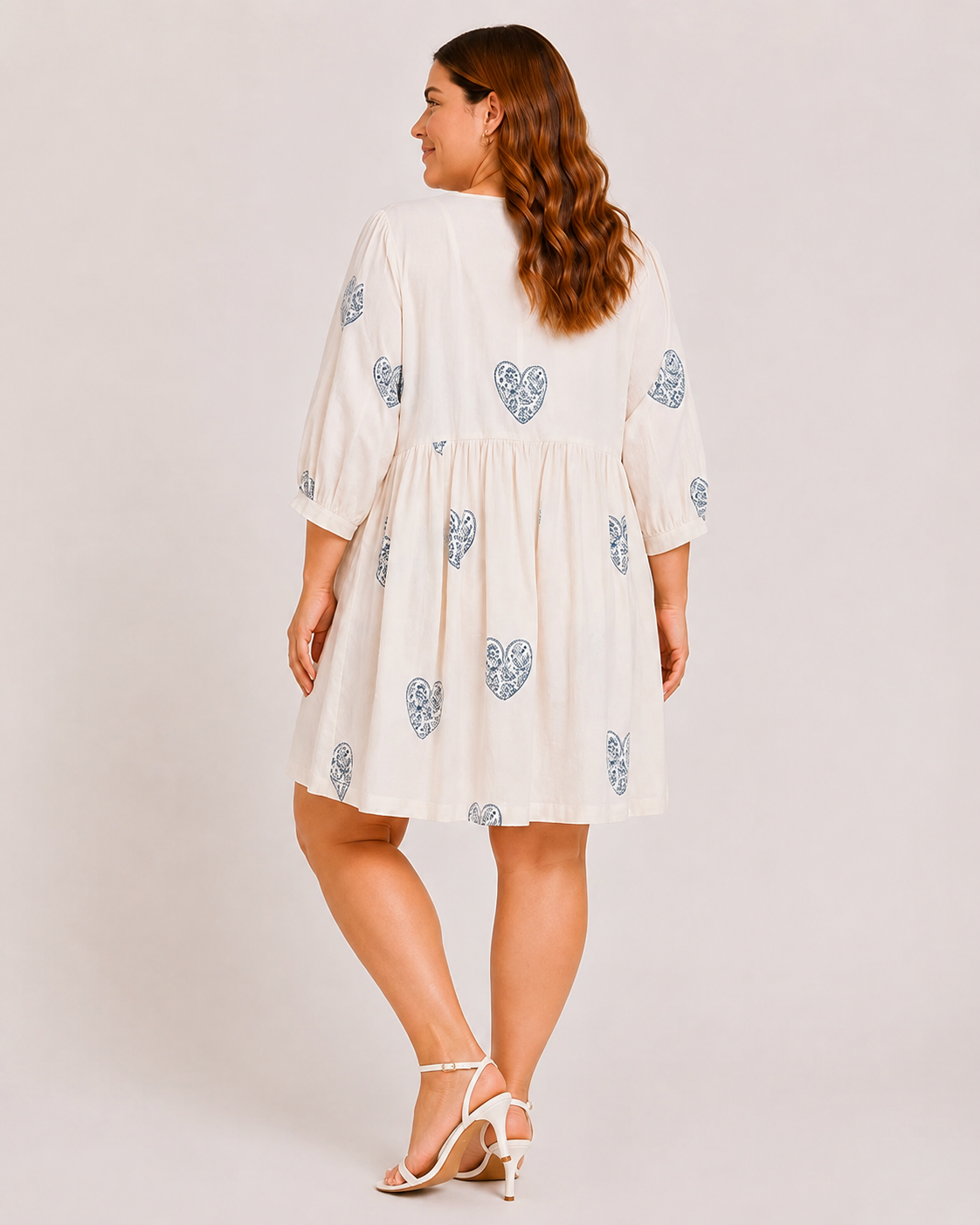 Cream Cotton Short Dress with Hand Block Blue Heart Motif & Relaxed Everyday Elegance | Qalbia