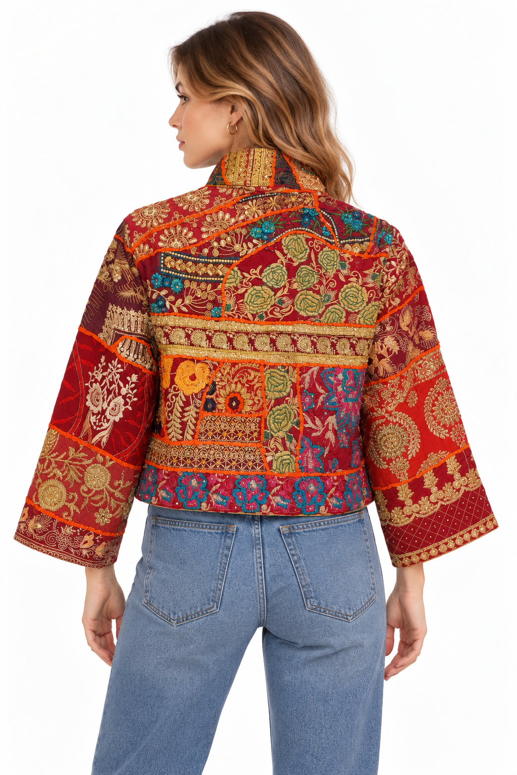 Handmade Burgundy Embroidered Jacket with Gold & Multicoloured Detailing | Clara