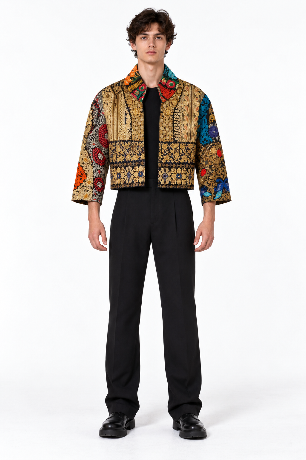 Handmade Black Embroidered Jacket with Gold Detailing & Colourful Floral Motifs | Julien