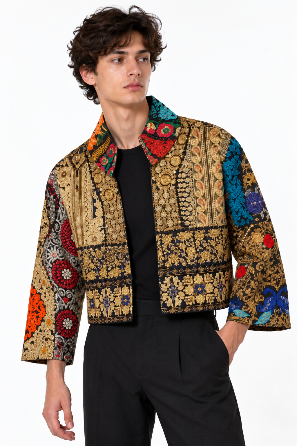 Handmade Black Embroidered Jacket with Gold Detailing & Colourful Floral Motifs | Julien