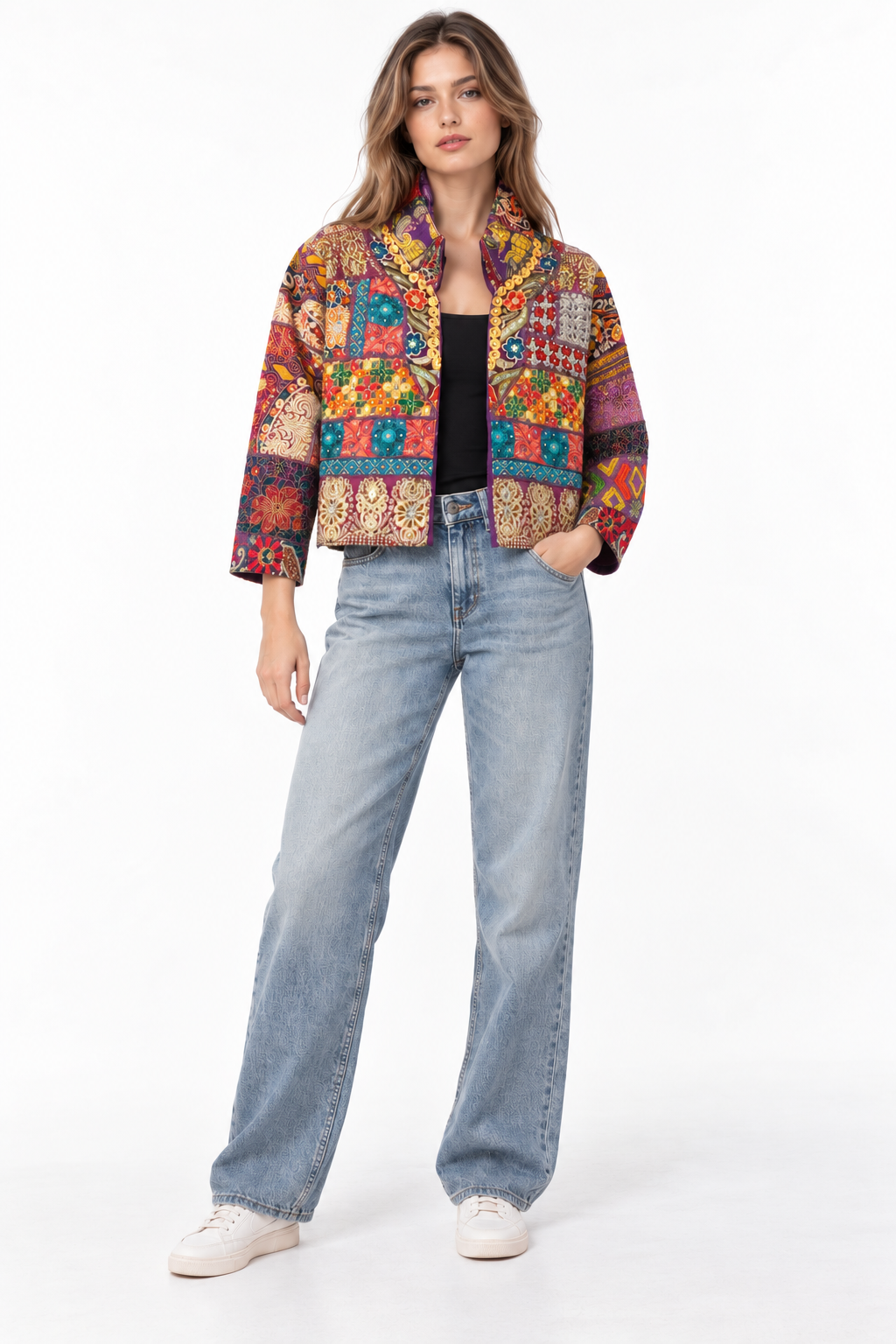 Handmade Multicoloured Patchwork Embroidered Jacket with Floral Detailing | Camille