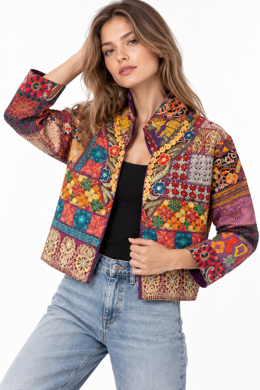 Handmade Multicoloured Patchwork Embroidered Jacket with Floral Detailing | Camille